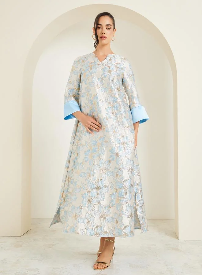 Amirah Women Blue Floral Jacquard A-Line Jalabiya